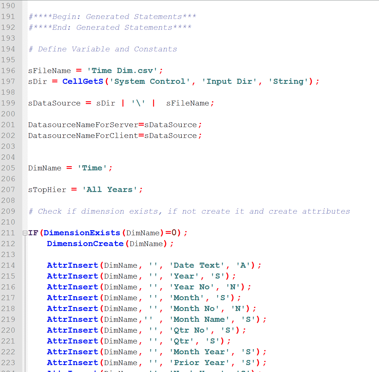 TM1 Turbo Integrator Process (TI) shown in Notepad++ with syntax highlighting.